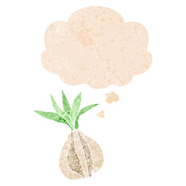 Retro dokulu tarzı karikatür soğan ve düşünce kabarcık