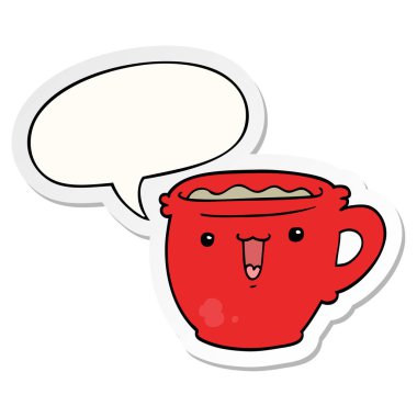 sevimli karikatür kahve fincanı ve konuşma kabarcık etiket