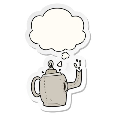 karikatür eski su ısıtıcısı ve baskılı bir etiket olarak kabarcık düşünce