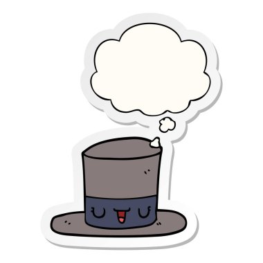 karikatür üst şapka ve baskılı bir etiket olarak kabarcık düşünce