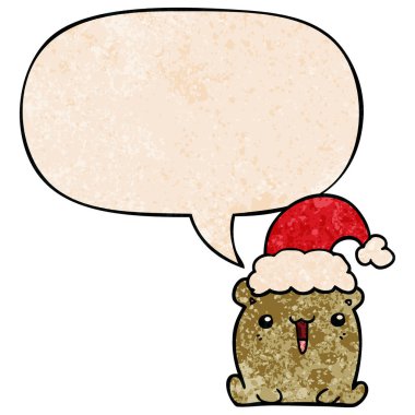 sevimli karikatür ayı ve retro t noel şapka ve konuşma balonu