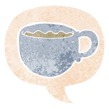 retro dokulu tarzda karikatür kahve fincanı ve konuşma balonu