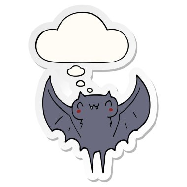 karikatür yarasa ve baskılı bir etiket olarak kabarcık düşünce