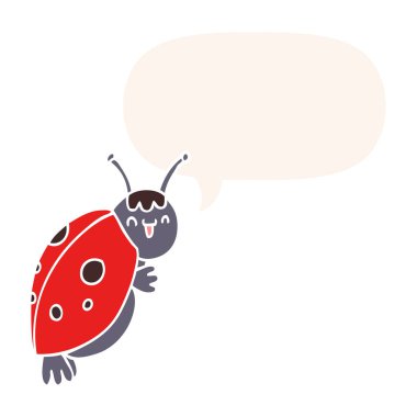 retro tarzı sevimli karikatür uğur böceği ve konuşma balonu