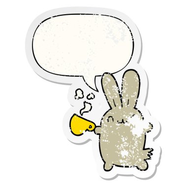 sevimli karikatür tavşan içme kahve ve konuşma balonu sıkıntılı