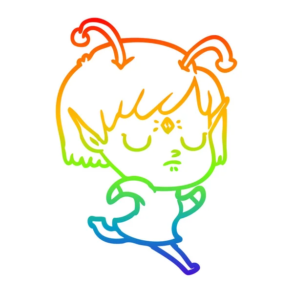 虹のグラデーションライン描画漫画エイリアンの女の子 — ストックベクタ