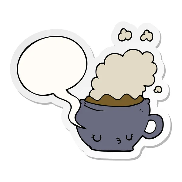 Leuke cartoon koffie kopje en toespraak bubble sticker — Stockvector