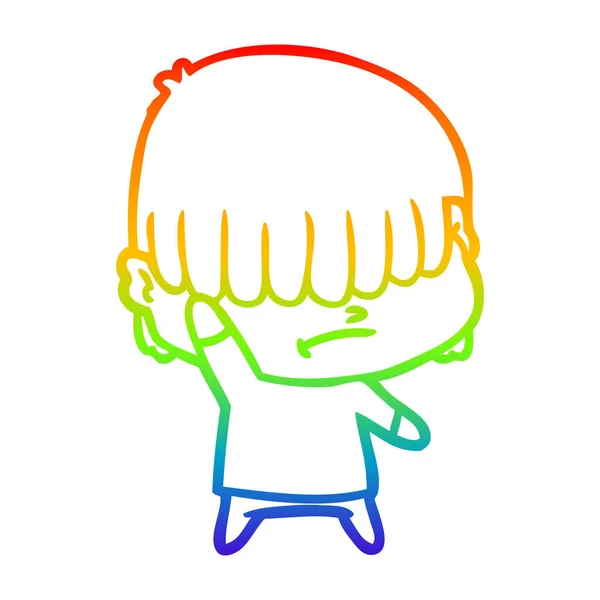 乱雑な髪を持つ漫画の少年を描く虹のグラデーションライン — ストックベクタ