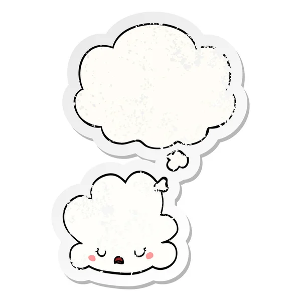 Cute cartoon cloud and thought bubble as a distressed worn stick — Stock Vector