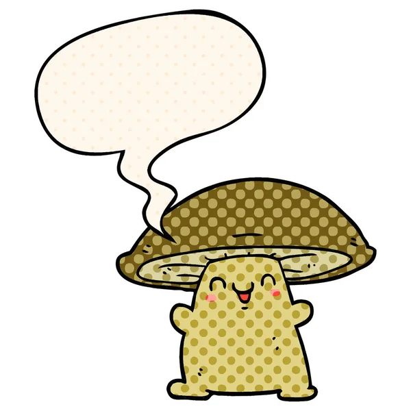 Personaggio dei funghi dei cartoni animati e bolla vocale in stile fumetto — Vettoriale Stock