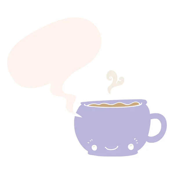 Dessin animé tasse chaude de café et bulle d'expression dans un style rétro — Image vectorielle