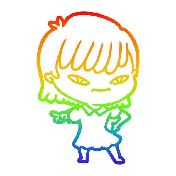 Regenboog gradiënt lijntekening cartoon vrouw — Stockvector