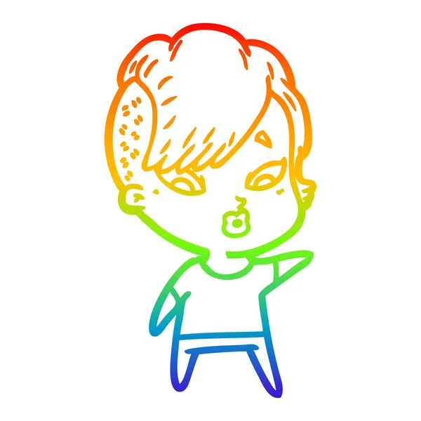 Rainbow gradient line drawing cartoon surprised girl — Stock Vector