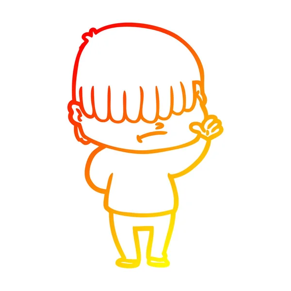 乱雑な髪を持つ漫画の少年を描く暖かいグラデーションライン — ストックベクタ