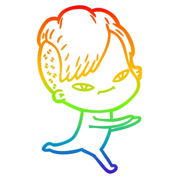 Rainbow gradient ligne dessin mignon dessin animé fille avec hipster hai — Image vectorielle