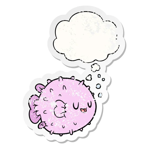 Cartoon blowfish e bolha pensamento como um adesivo usado angustiado — Vetor de Stock