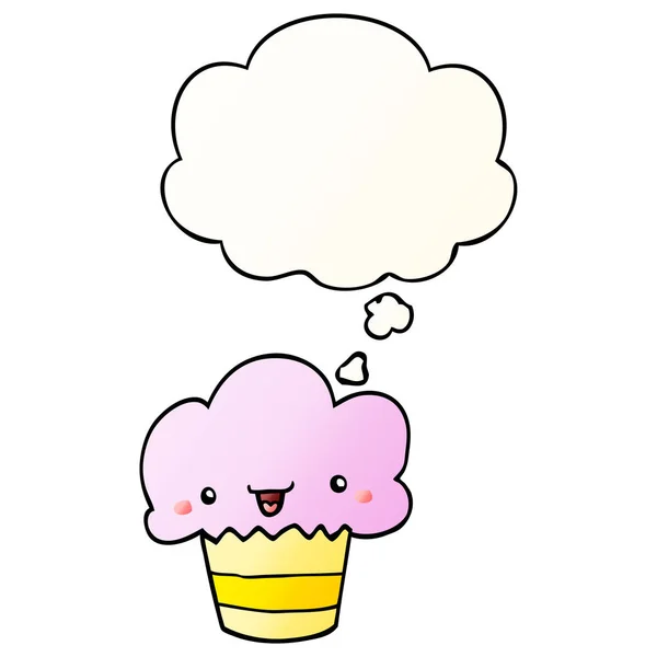 Cupcake dessin animé avec visage et bulle de pensée en dégradé lisse — Image vectorielle
