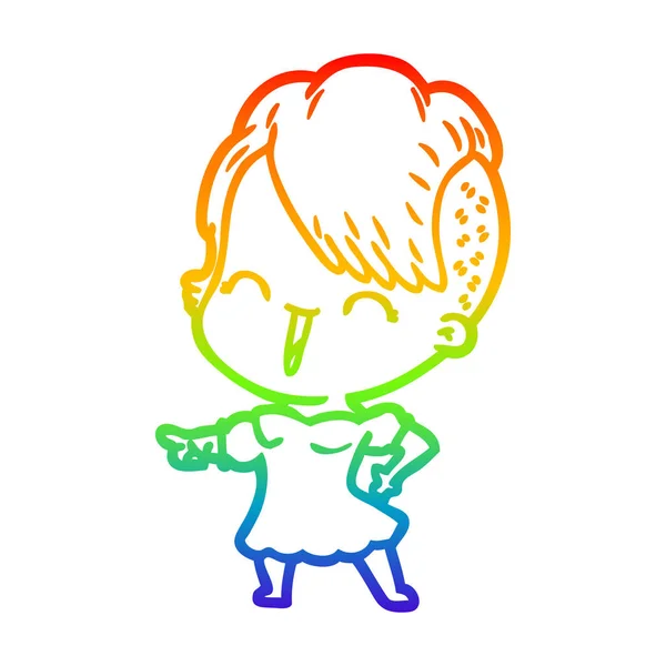 Arco-íris linha gradiente desenho feliz desenho animado hipster menina — Vetor de Stock