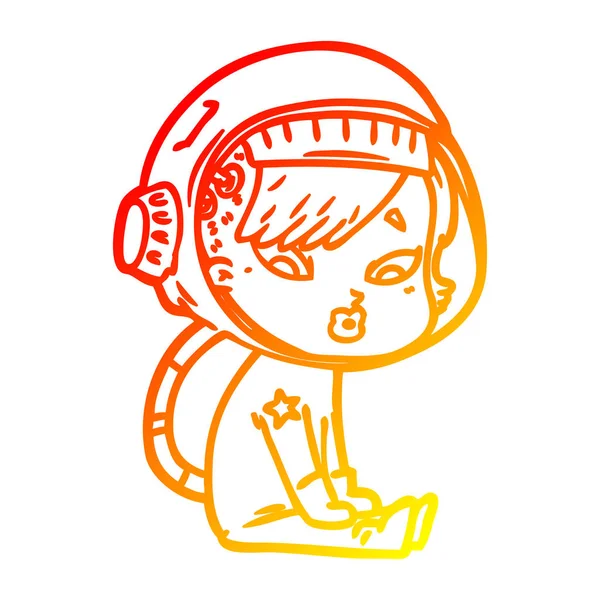 Warm gradient line drawing cartoon astronaut woman — Stock Vector