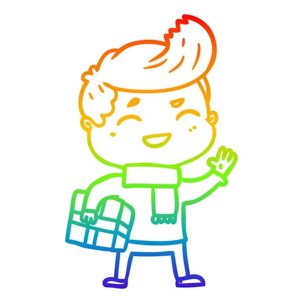 虹のグラデーションライン描画漫画の男は、パルクを運んで笑う — ストックベクタ