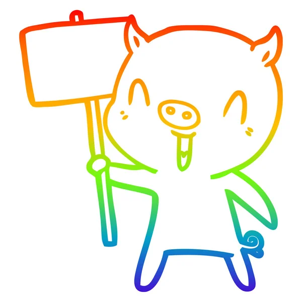 Rainbow gradient line ritning Happy Cartoon Pig med Sign post — Stock vektor