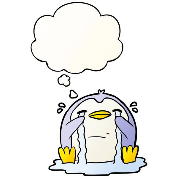 Dibujos animados llorando pingüino y pensamiento burbuja en gradiente suave sty — Vector de stock