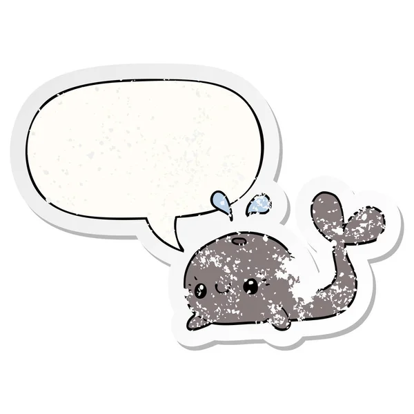 Cute cartoon whale and speech bubble distressed sticker — Stock Vector