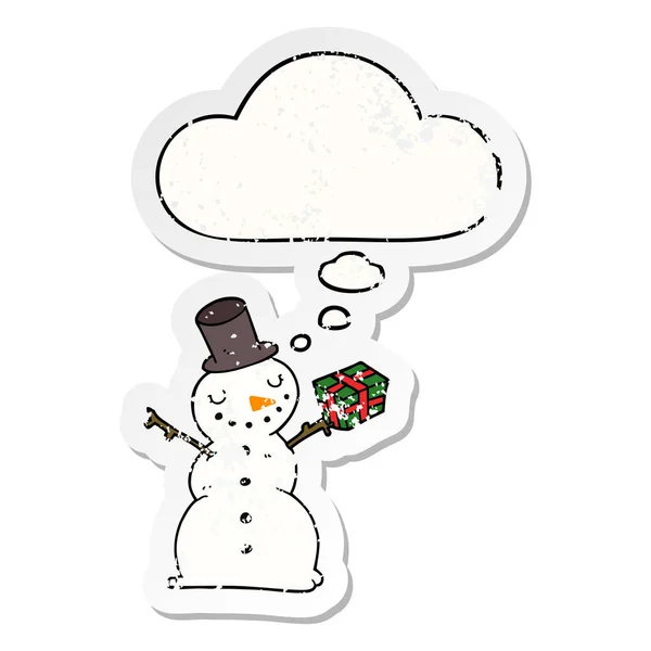Karikatür kardan adam ve sıkıntılı yıpranmış etiket olarak kabarcık düşünce — Stok Vektör