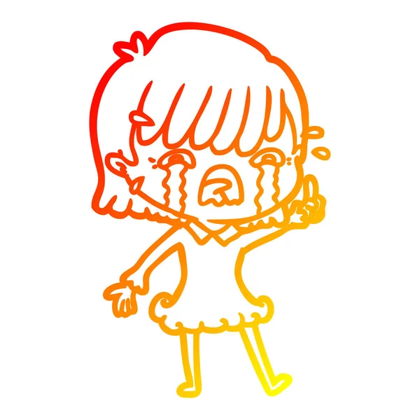 Warm gradient line drawing cartoon girl crying — Stock Vector
