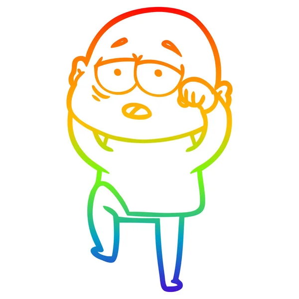 Arco-íris linha gradiente desenho cartoon cansado homem careca — Vetor de Stock