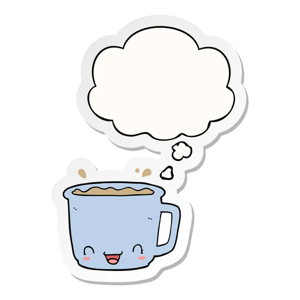 Cartoon cup of coffee and thought bubble as a printed sticker — Stock Vector