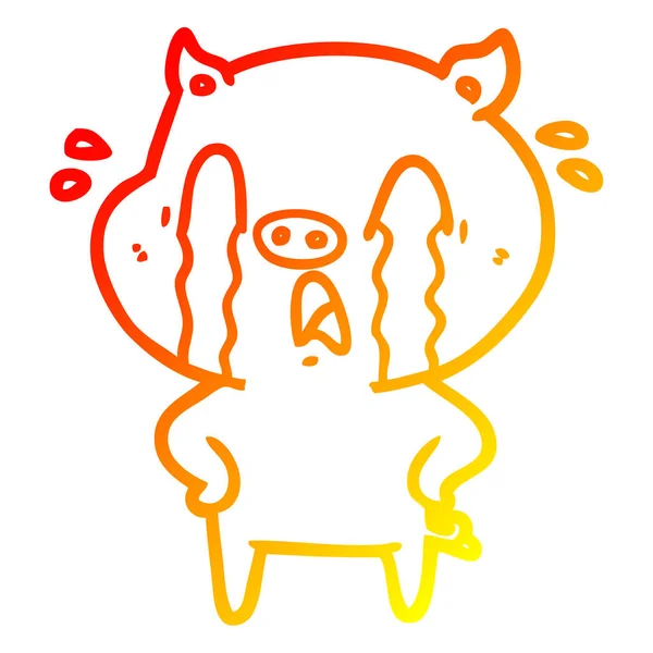 Línea de gradiente caliente dibujo llanto cerdo dibujos animados — Vector de stock