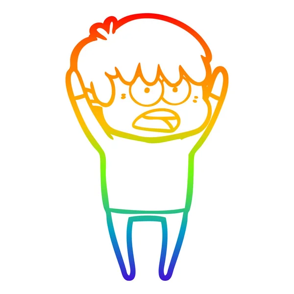 Arcobaleno gradiente linea disegno preoccupato cartone animato ragazzo — Vettoriale Stock
