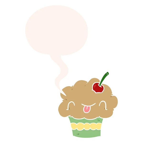 Funny cartoon cupcake and speech bubble in retro style — Stock Vector