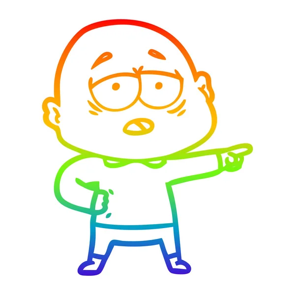 Rainbow gradien line drawing cartoon tired bald man - Stok Vektor