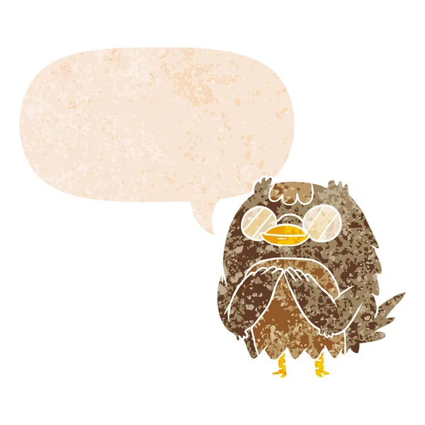 Retro dokulu tarzı karikatür bilge eski baykuş ve konuşma balonu — Stok Vektör