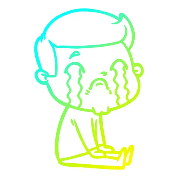 Cold gradient line drawing cartoon man crying — стоковый вектор