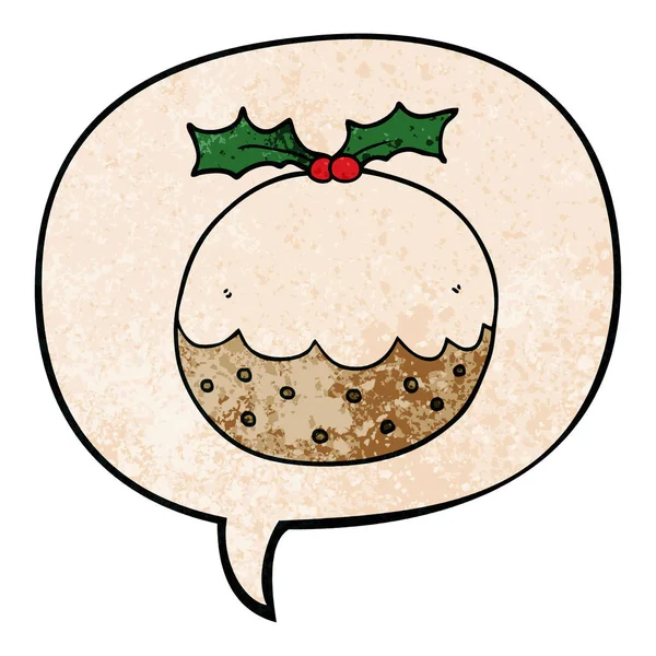 Καρτούν Χριστουγεννιάτικη πουτίγκα και φούσκα ομιλίας σε ρετρό υφή αχούρι — Διανυσματικό Αρχείο