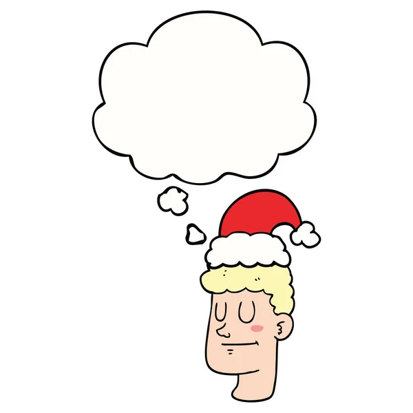 Cartoon man dragen kerstmuts en dacht Bubble — Stockvector