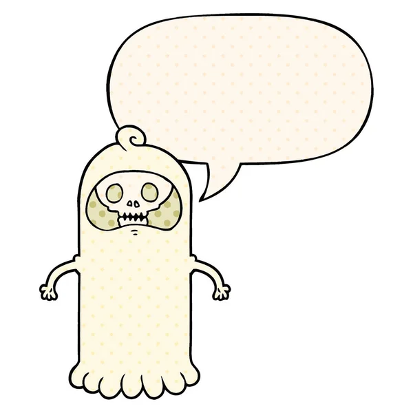 Dibujo animado espeluznante fantasma del cráneo y burbuja del habla en estilo de cómic — Vector de stock