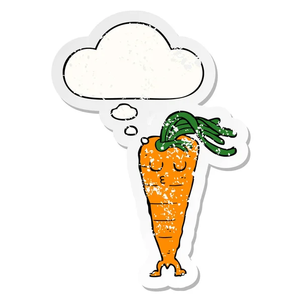 Мультяшна морква і мислення бульбашки як засмучена наклейка — стоковий вектор
