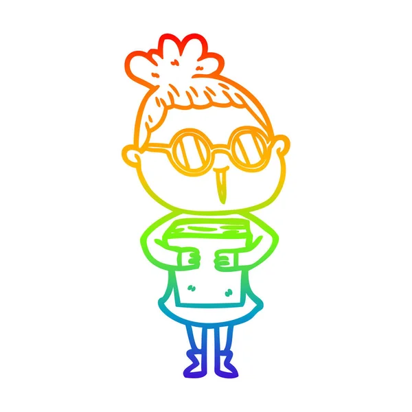 Regenboog gradiënt lijntekening cartoon vrouw het dragen van bril — Stockvector