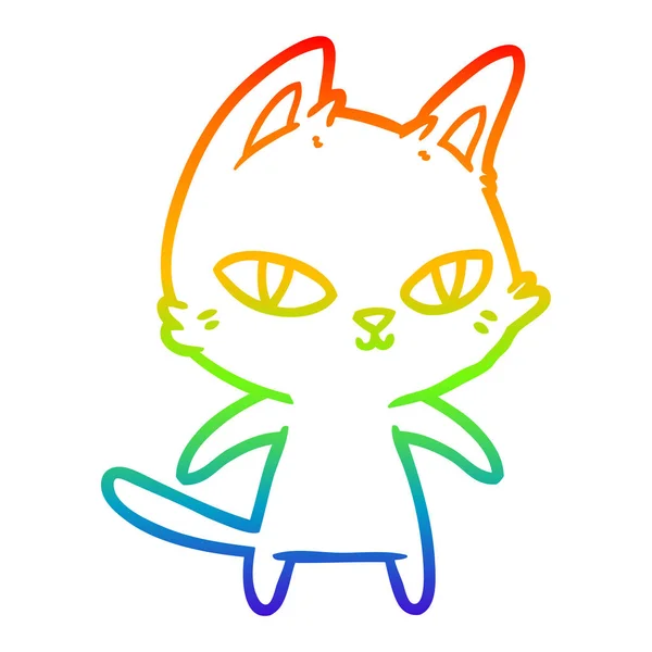 Arco iris gradiente línea dibujo dibujos animados gato mirando — Archivo Imágenes Vectoriales