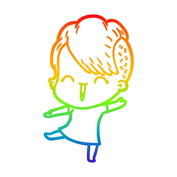 彩虹渐变线绘制卡通快乐嬉皮士女孩 — 图库矢量图片