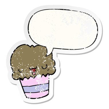 karikatür cupcake ve yüz ve konuşma balonu sıkıntılı etiket