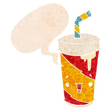 retro dokulu tarzda karikatür soda fincan ve konuşma balonu