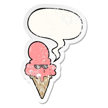 karikatür serin dondurma ve konuşma balonu sıkıntılı etiket