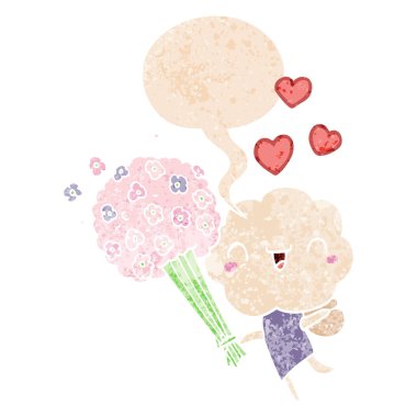 retro metin sevimli karikatür bulut kafa yaratık ve konuşma balonu