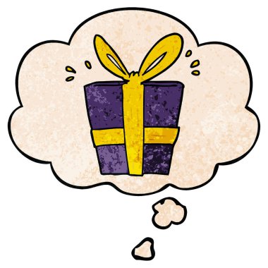 karikatür sarılmış hediye ve grunge doku patter düşünce balonu
