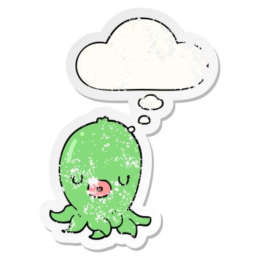 karikatür ahtapot ve sıkıntılı yıpranmış etiket olarak kabarcık düşünce